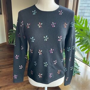 Vintage Talbots Black Crewneck Pure Cashmere Sweater with Colorful Floral Detail